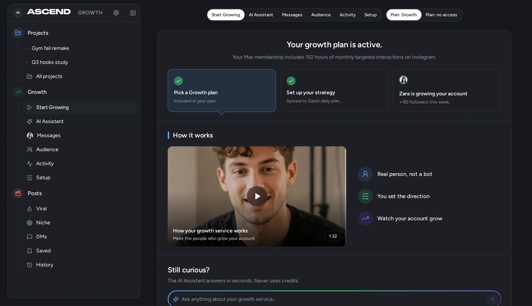 Ascend growth screen in dark mode with an active plan: setup steps checked and Zara growing the account, up 182 followers this week