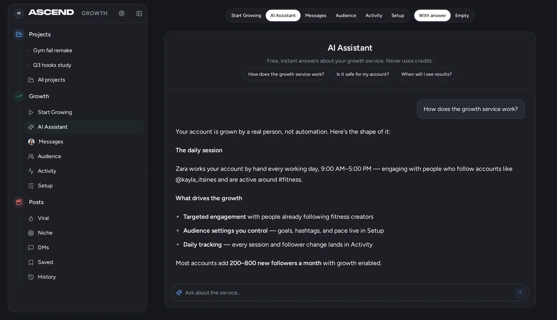 The Ascend AI assistant in dark mode answering how the growth service works, with suggested questions and an ask box
