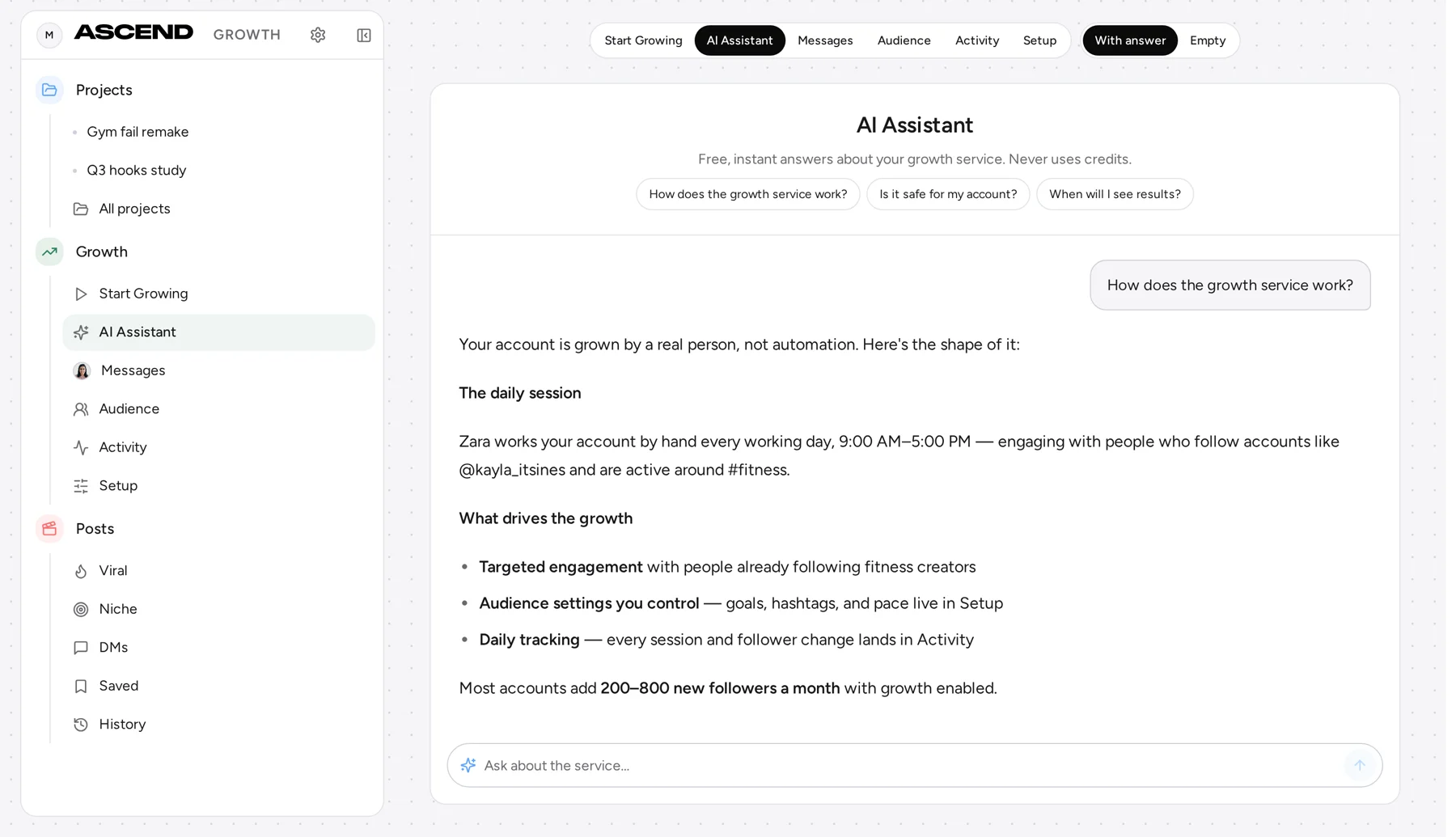 The Ascend AI assistant answering how the growth service works, with suggested questions and an ask box