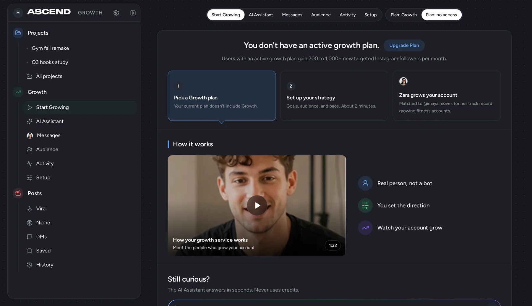 Ascend growth screen in dark mode without an active plan: three setup steps waiting and the how it works video