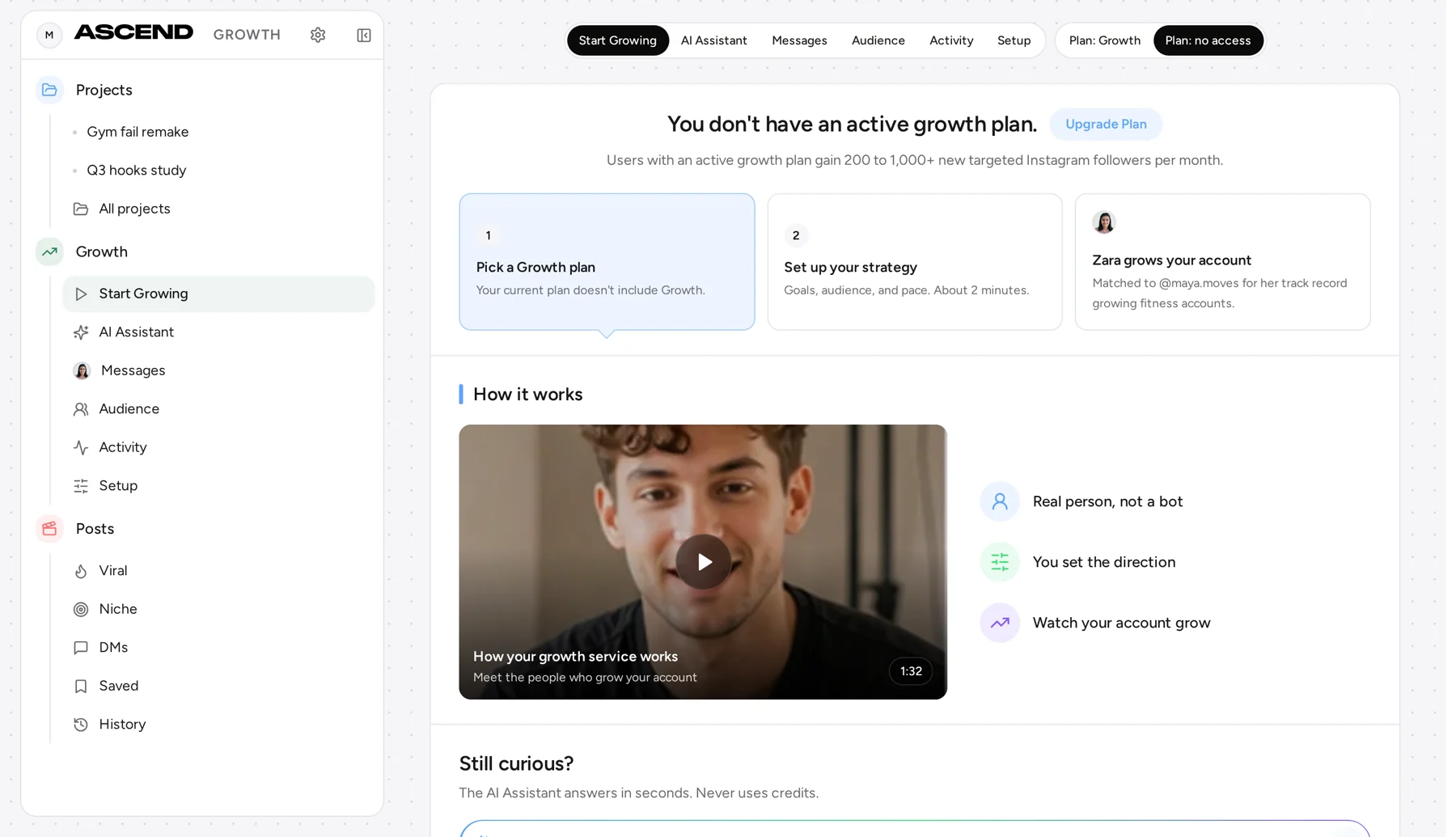Ascend growth screen without an active plan: three setup steps waiting and the how it works video