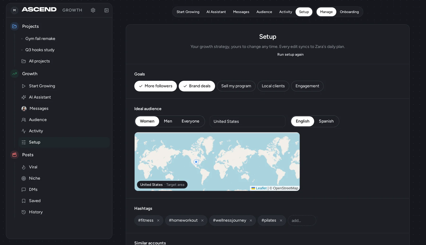Ascend growth setup screen in dark mode with goal chips, an ideal audience selector, a target area map, and hashtag tags