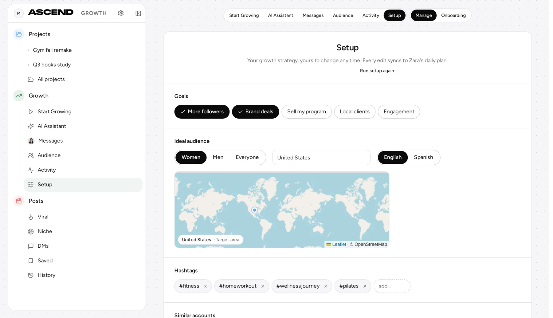 Ascend growth setup screen with goal chips, an ideal audience selector, a target area map, and hashtag tags