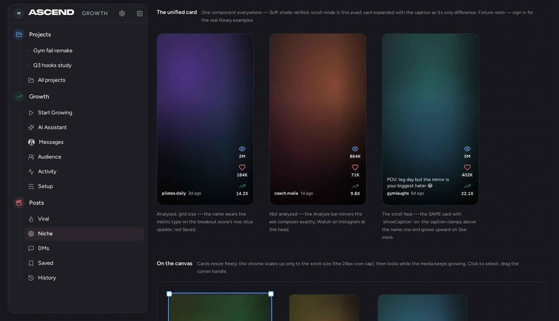 The Ascend reel library in dark mode: unified cards for pilates.daily, coach.malia, and gymlaughs with views, likes, and breakout scores