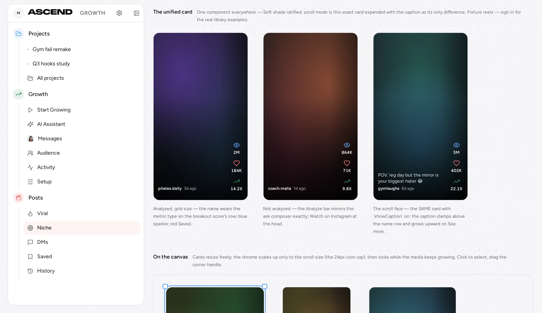 The Ascend reel library: unified cards for pilates.daily, coach.malia, and gymlaughs with views, likes, and breakout scores