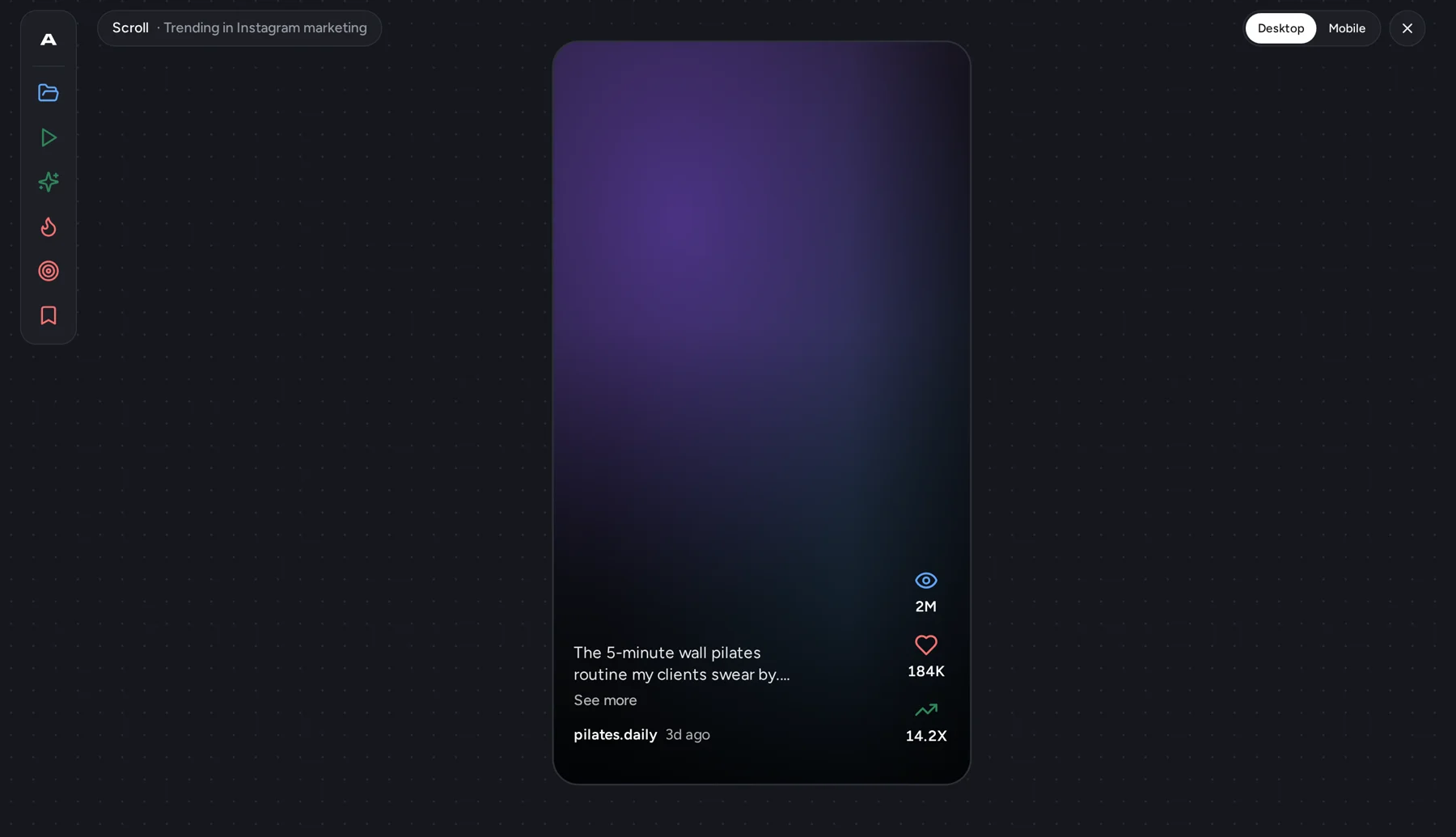 Ascend scroll mode in dark surroundings playing a trending pilates.daily reel in full view with its views, likes, and breakout score